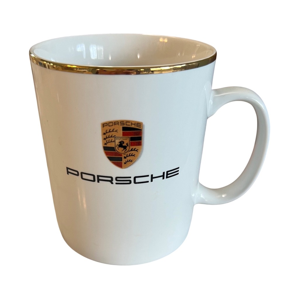 Porsche Logo Coffee Mug White Ceramic Gold Rim Stuttgart Crest Automotive Cup